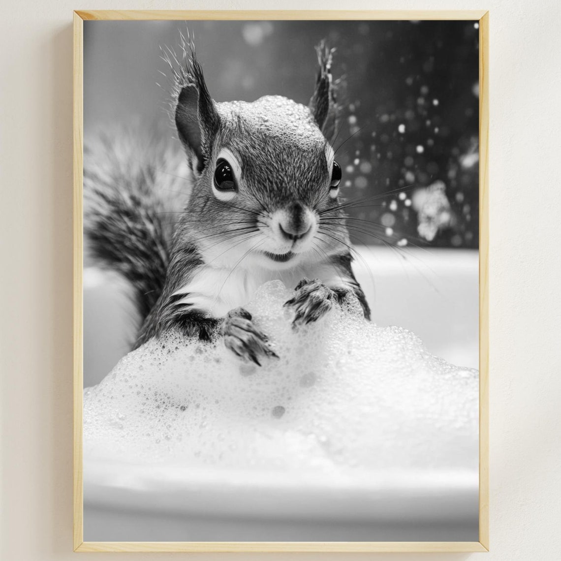 Squirrel Playing in a Bubble Bath Black and White Cute Animal Poster