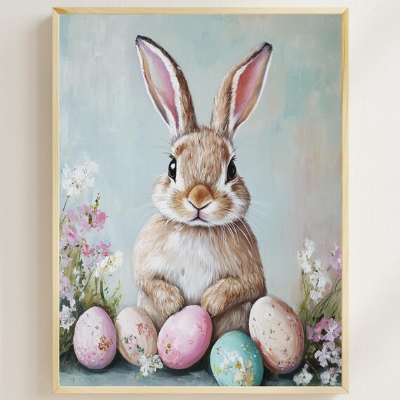 Pastel Easter Bunny With Painted Eggs Spring Nursery Wall Art