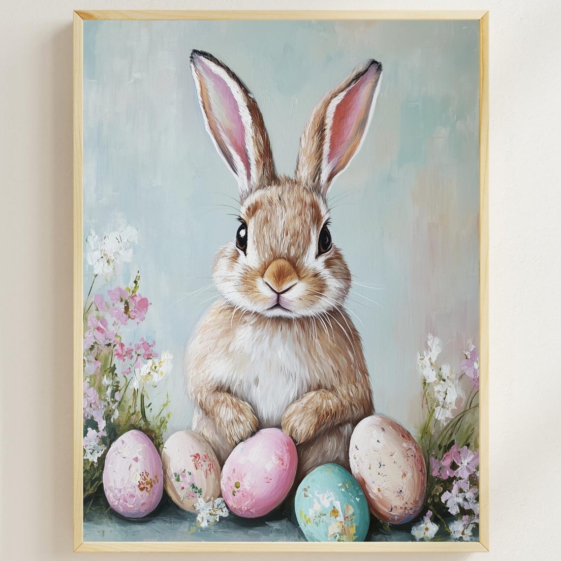 Pastel Easter Bunny With Painted Eggs Spring Nursery Wall Art