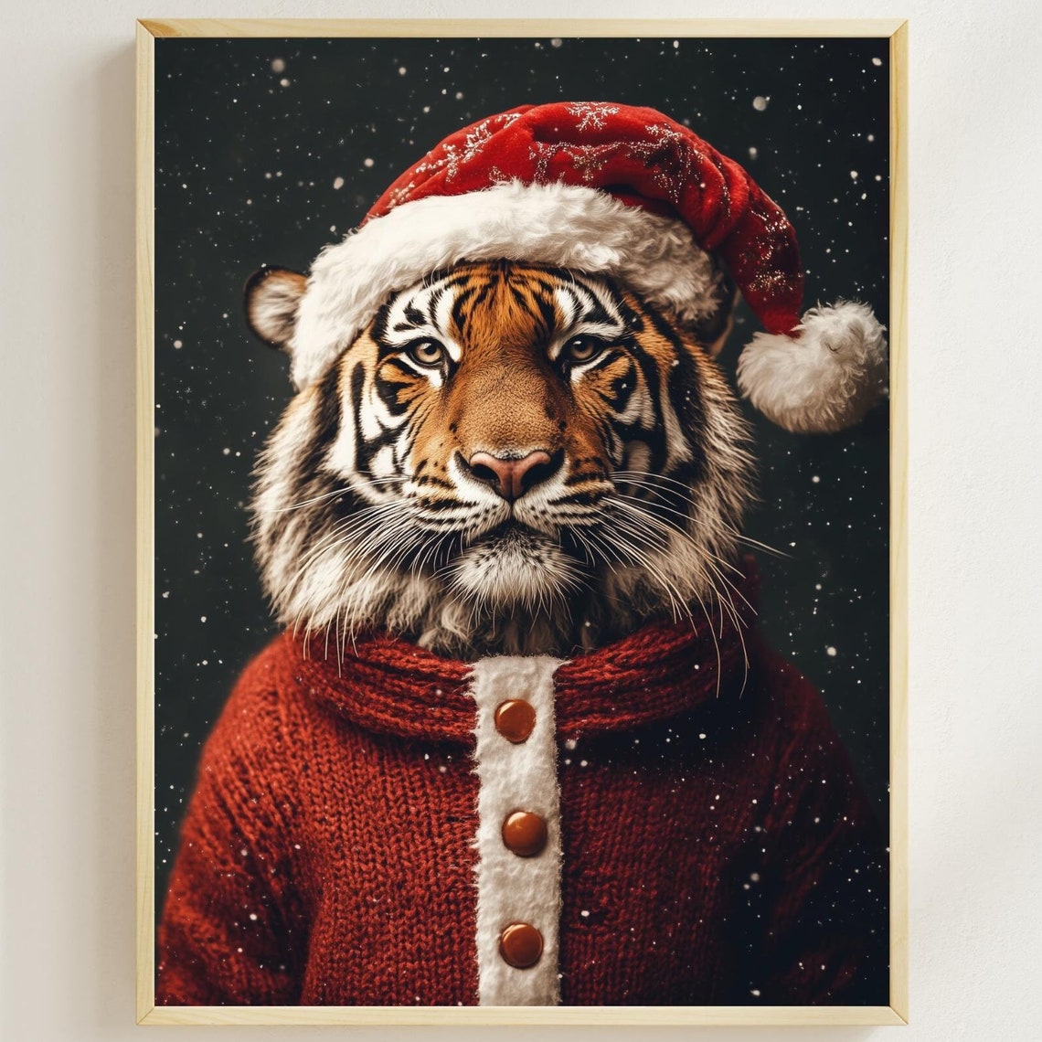 Tiger Wearing Santa Hat And Red Knit Sweater Christmas Poster