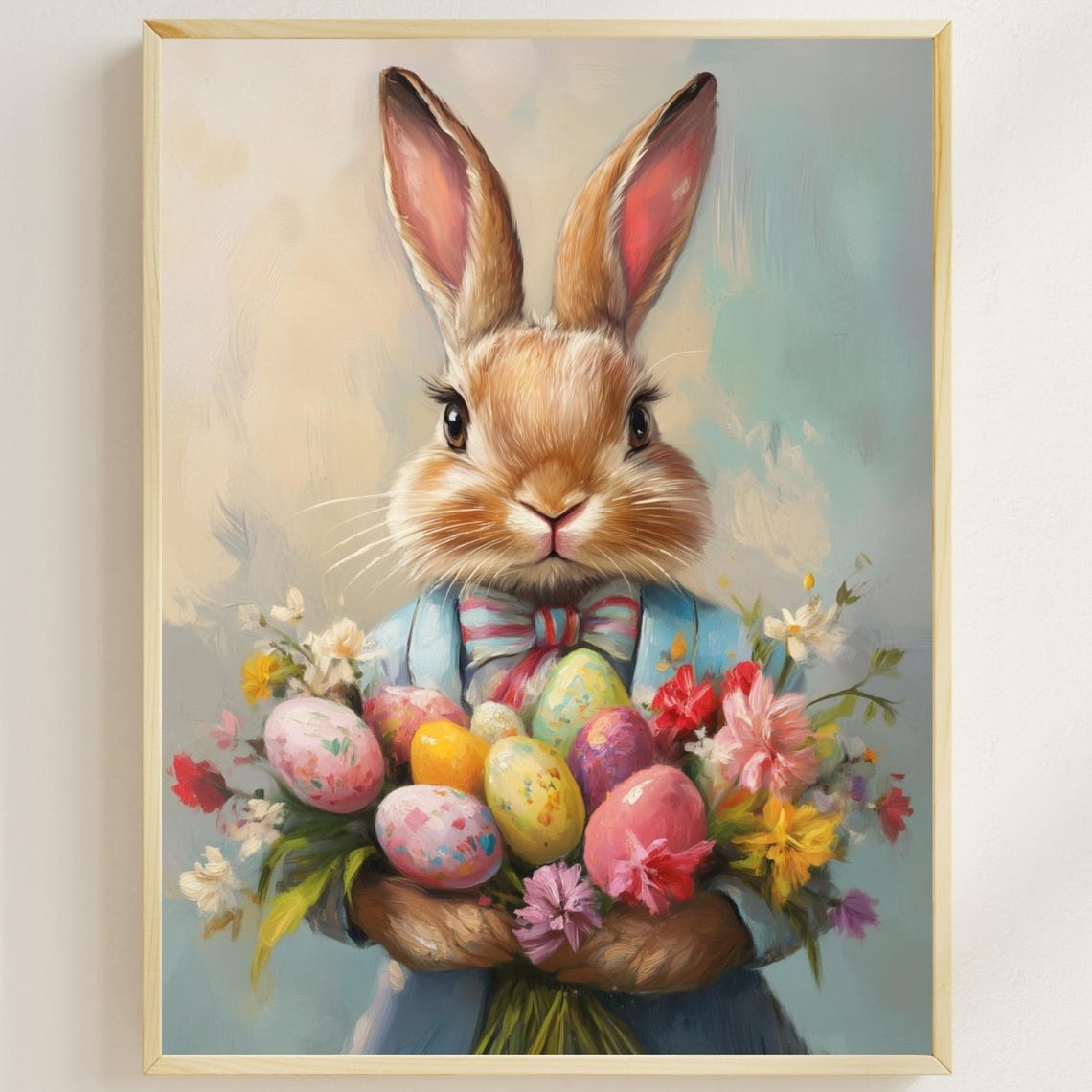 Easter Bunny in Blue Jacket Holding Egg Bouquet Spring Poster