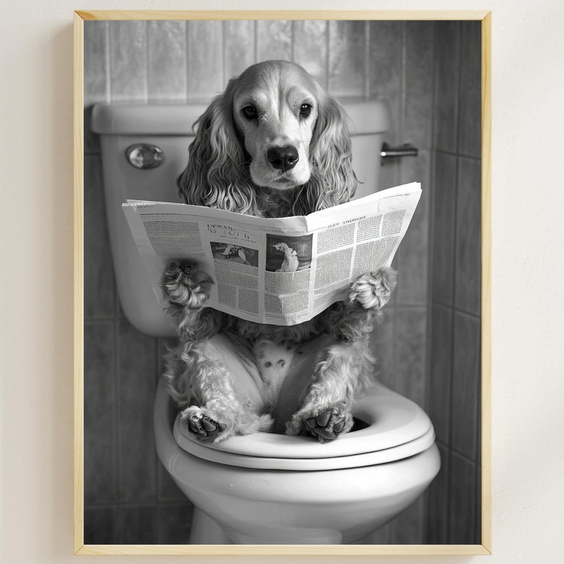 Cocker Spaniel Reading Newspaper on Toilet Funny Bathroom Dog Poster