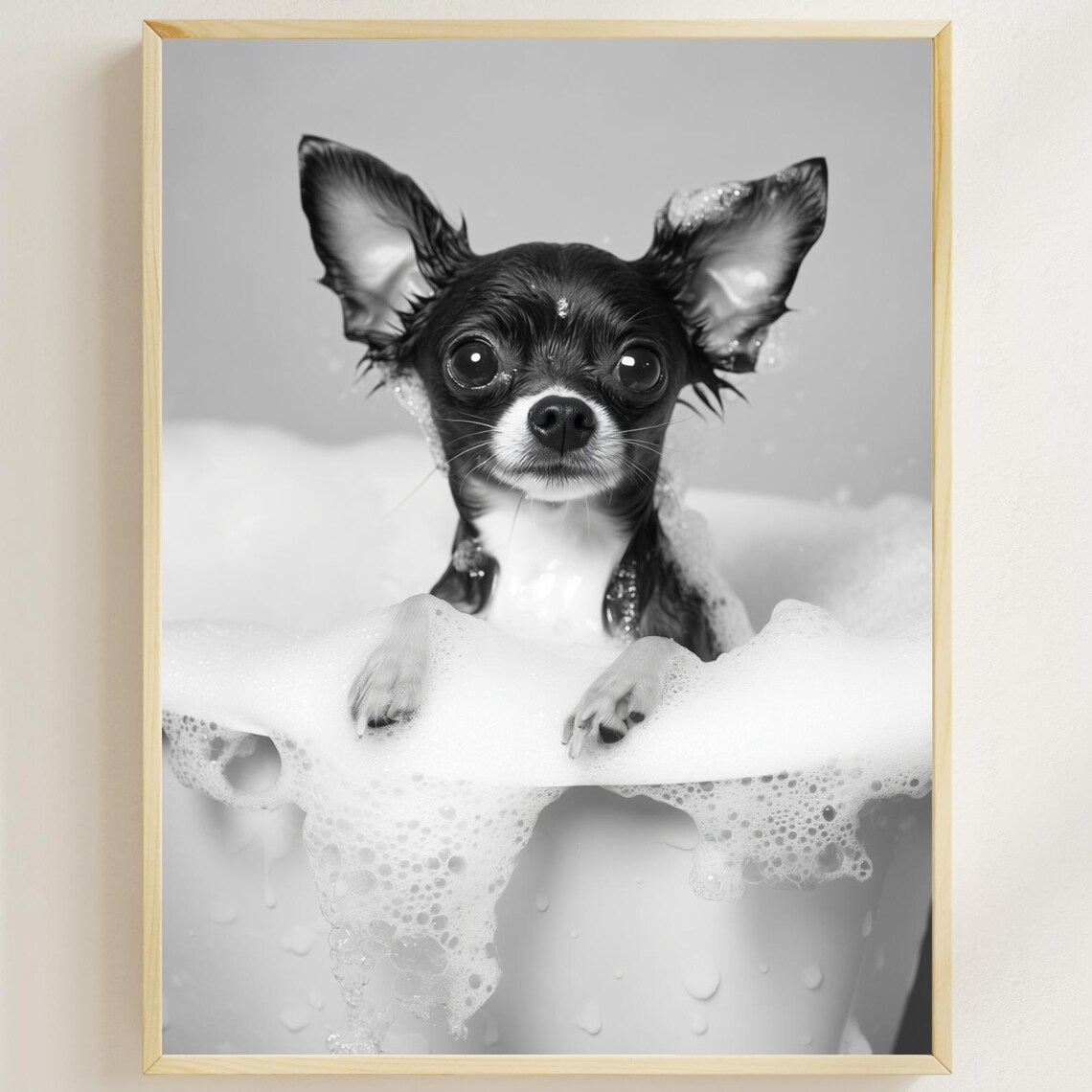 Cute Chihuahua Puppy in a Bubble Bath Black and White Poster