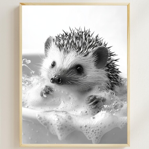 Hedgehog Enjoying a Bubble Bath in Black and White Cute Poster