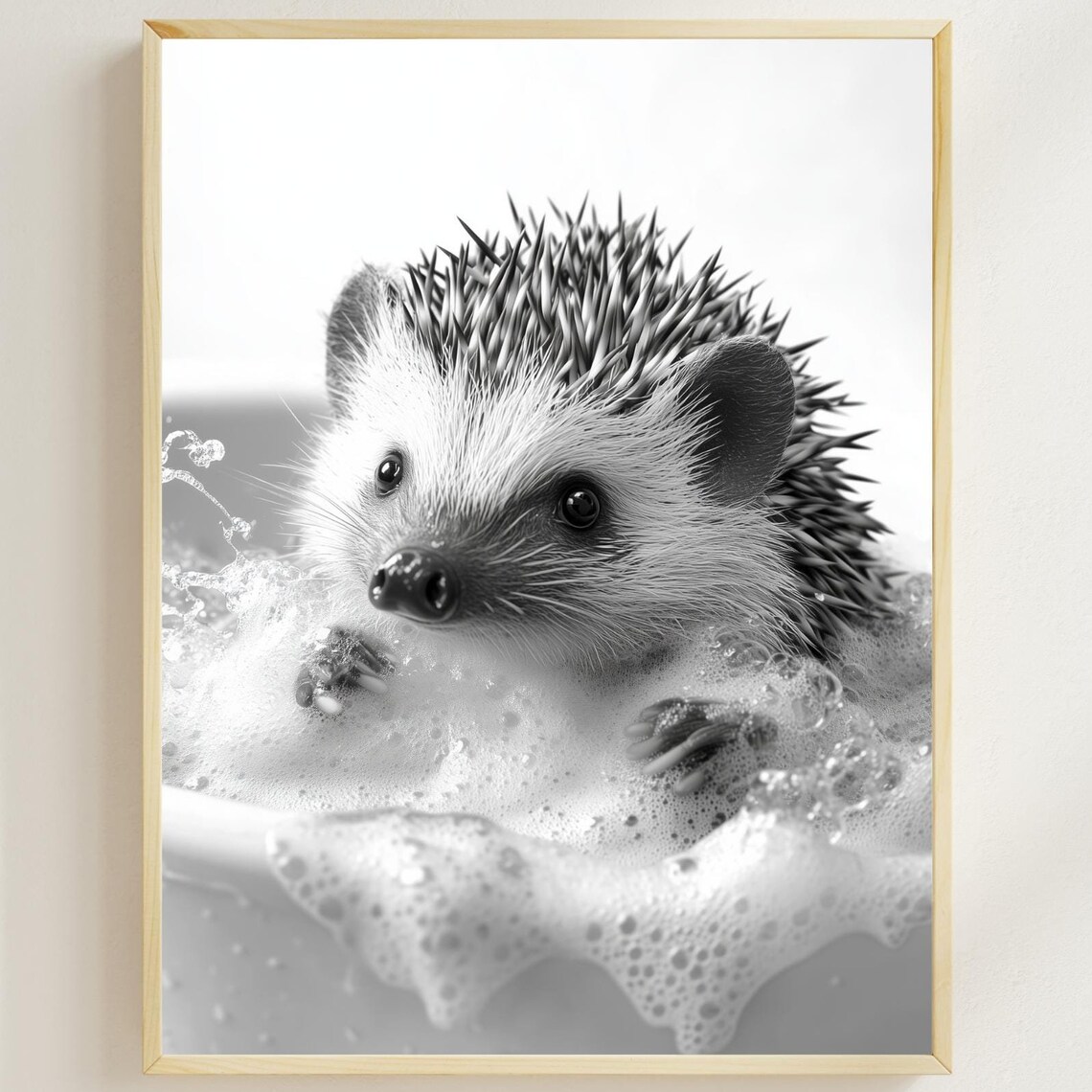 Hedgehog Enjoying a Bubble Bath in Black and White Cute Poster