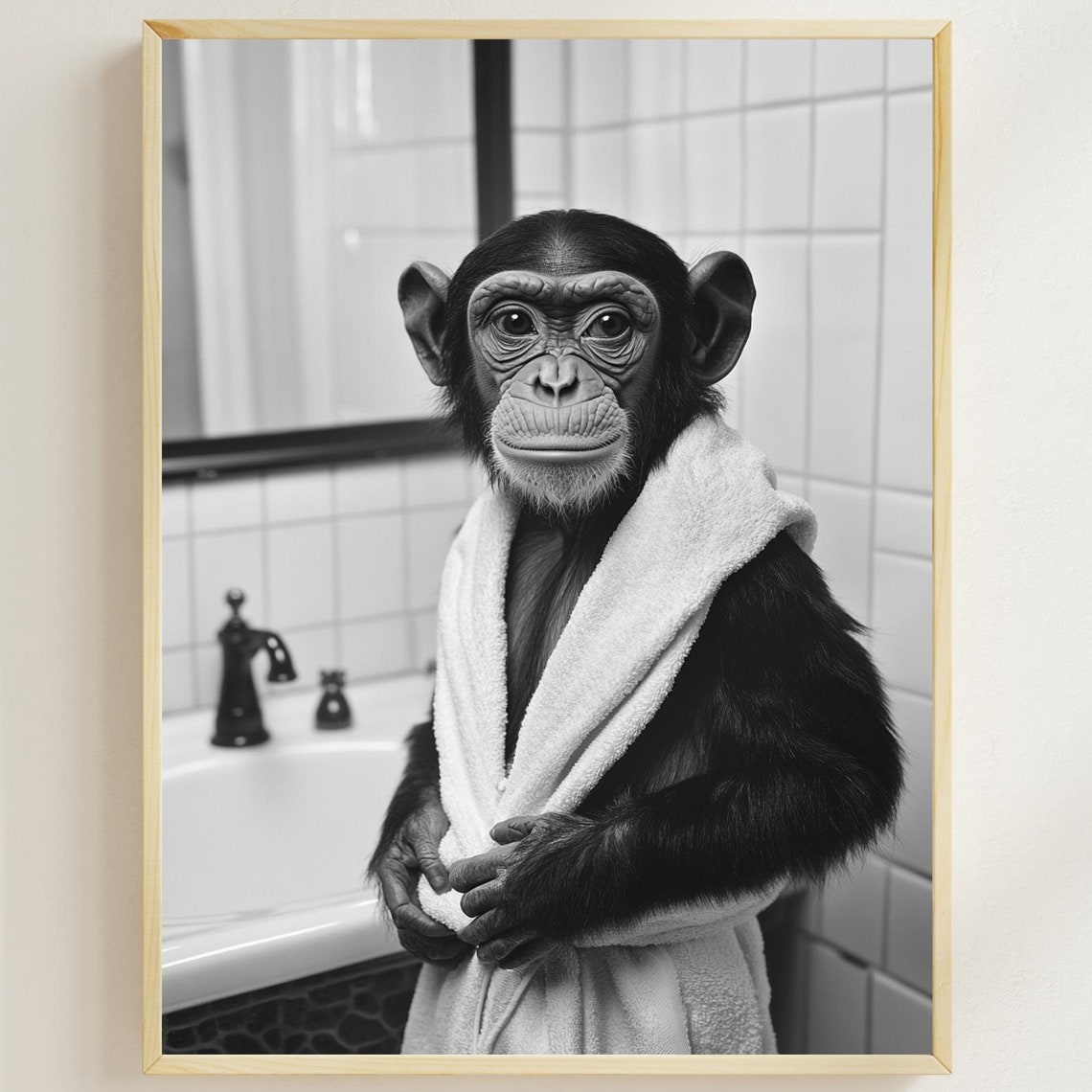 Monkey in White Bathrobe Funny Black and White Bathroom Poster