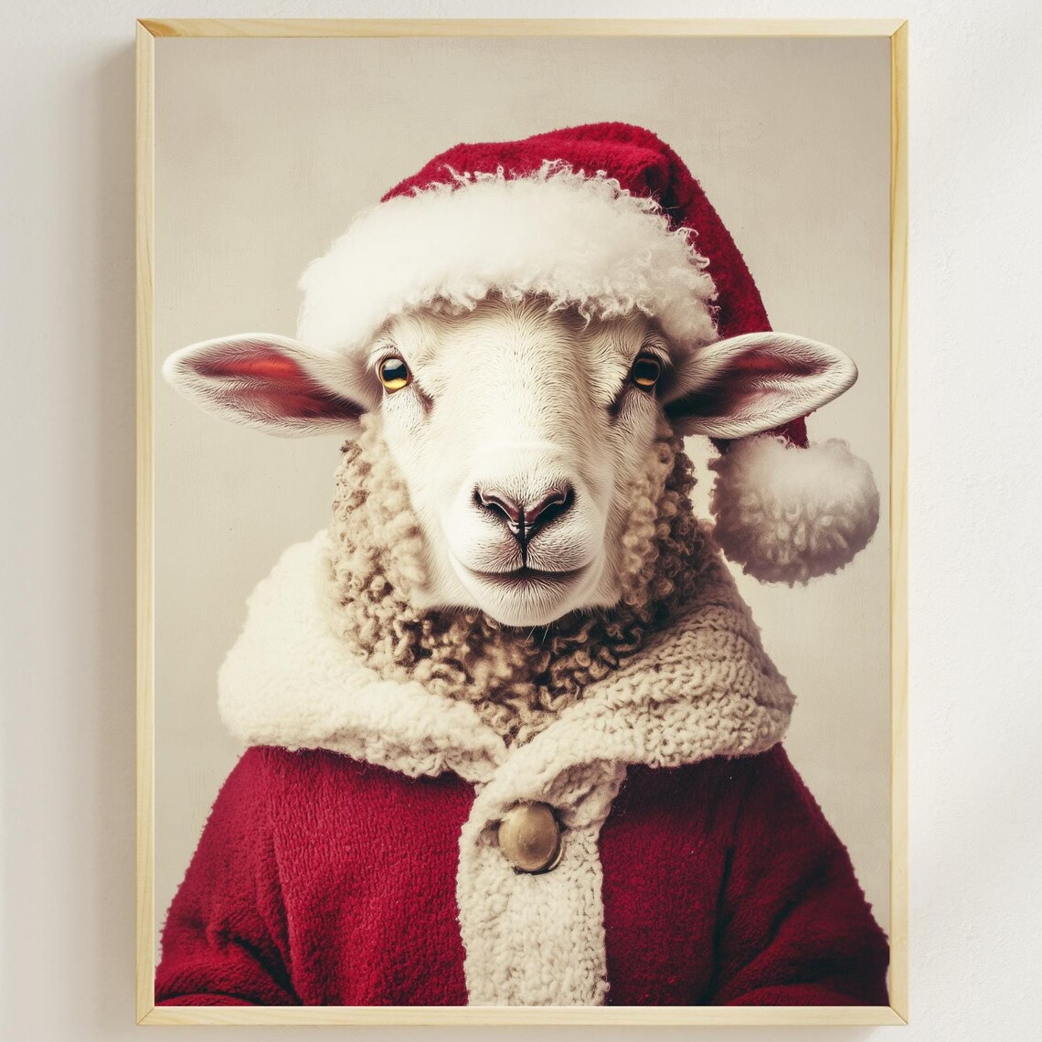 Sheep Wearing Santa Hat And Red Coat Festive Christmas Poster