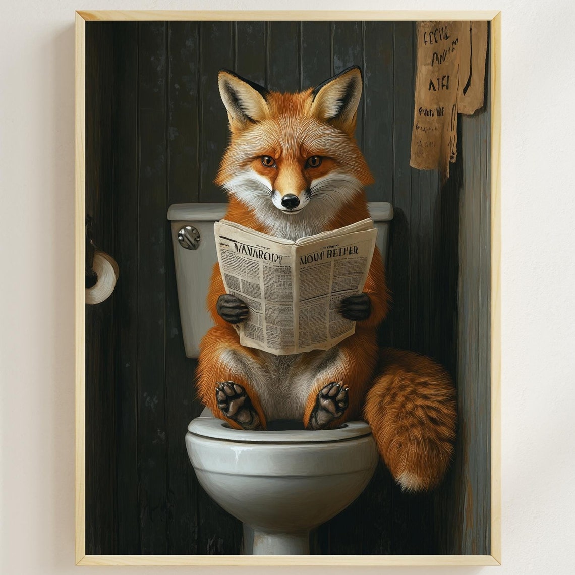 Funny Red Fox Sitting on Toilet Reading Newspaper Bathroom Poster