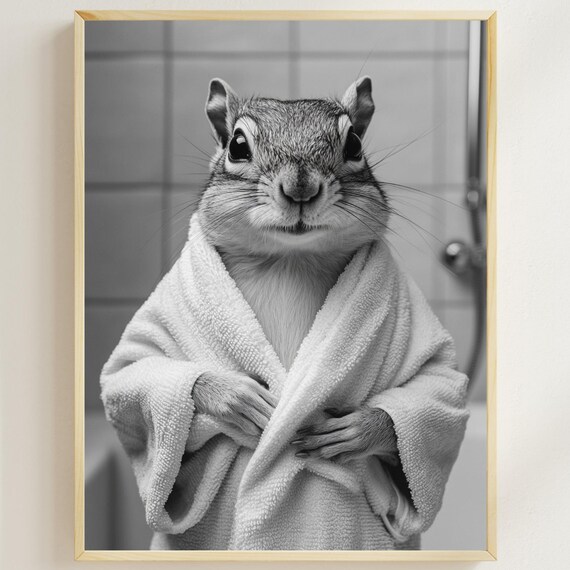 Chipmunk In A Bathrobe Funny Bathroom Wall Art Vintage Animal Photo Bathroom Poster Chipmunk Humor Ai Print Home Printables