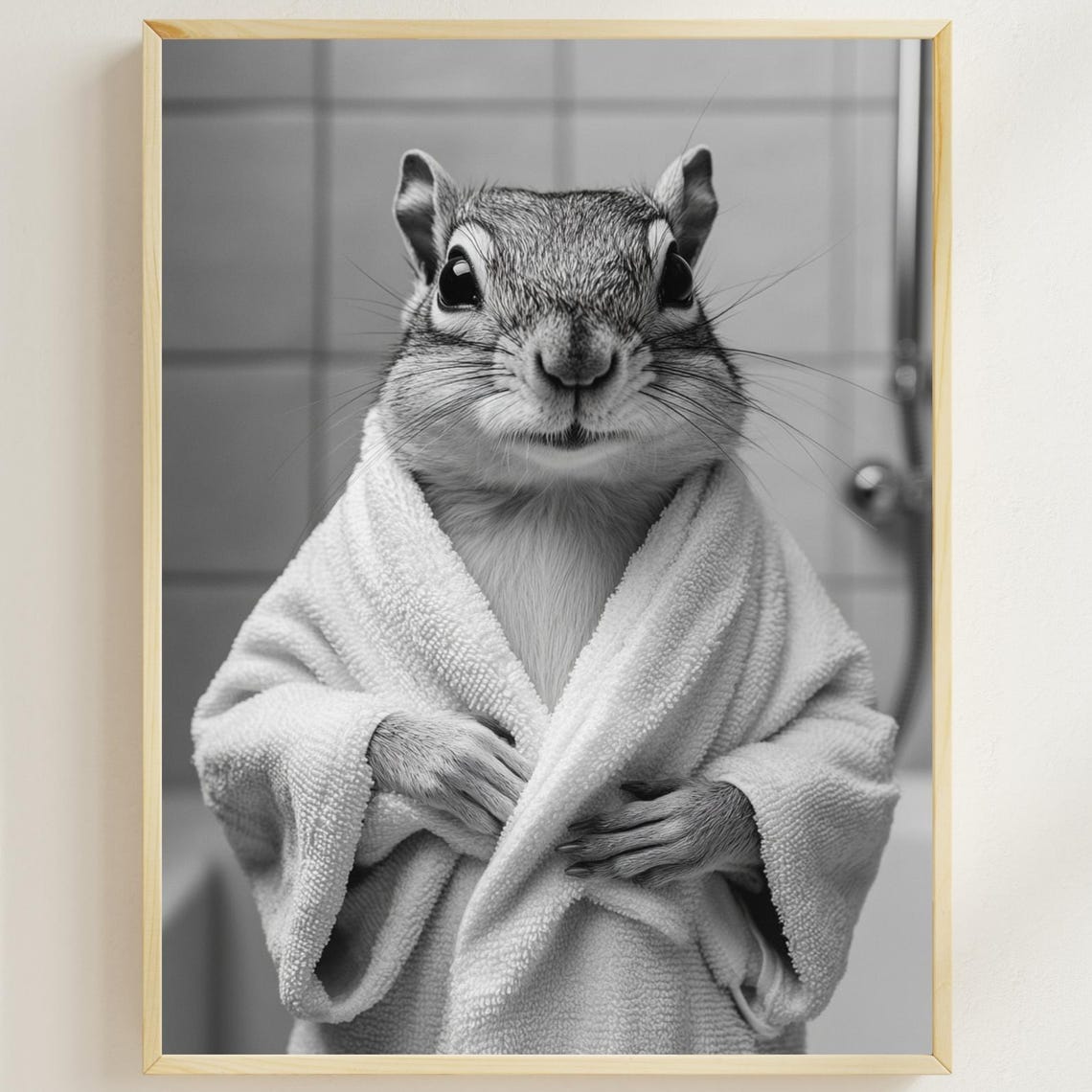 Chipmunk Wearing a Bathrobe in the Bathroom Black and White Poster