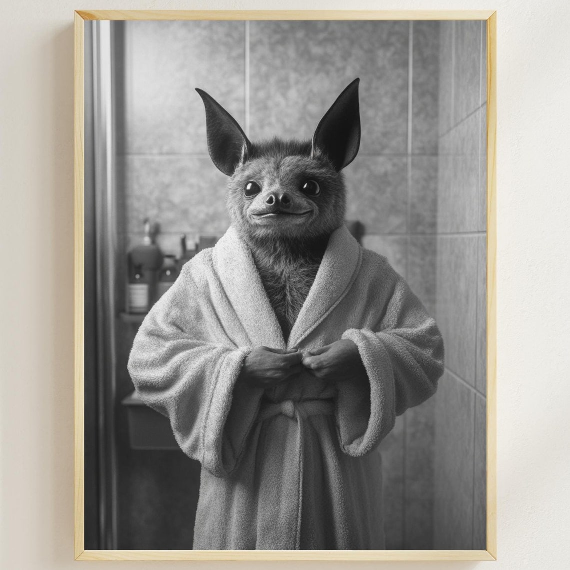 Bat Wearing a Bathrobe Standing in the Bathroom Black and White Poster