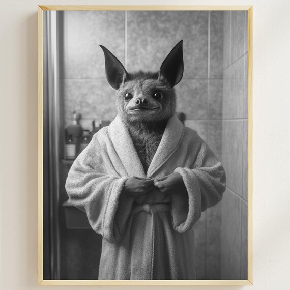 Bat In A Bathrobe Funny Bathroom Wall Art Quirky Animal Print Funny Bat Photo Animal Humor Print Bat Lover Poster Ai Art