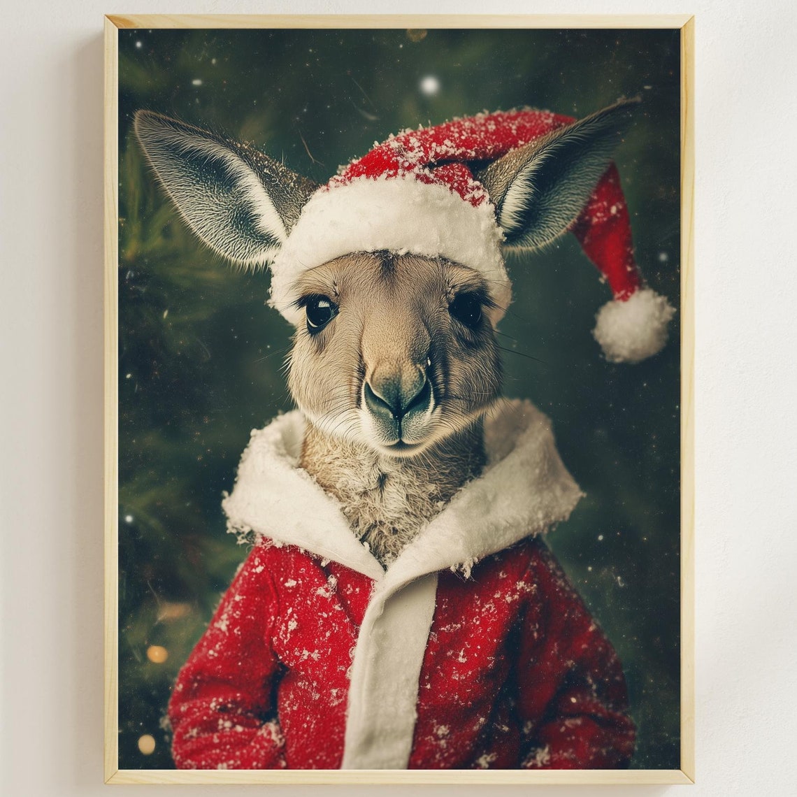 Kangaroo In Santa Hat Cute Christmas Animal Wall Decor Poster