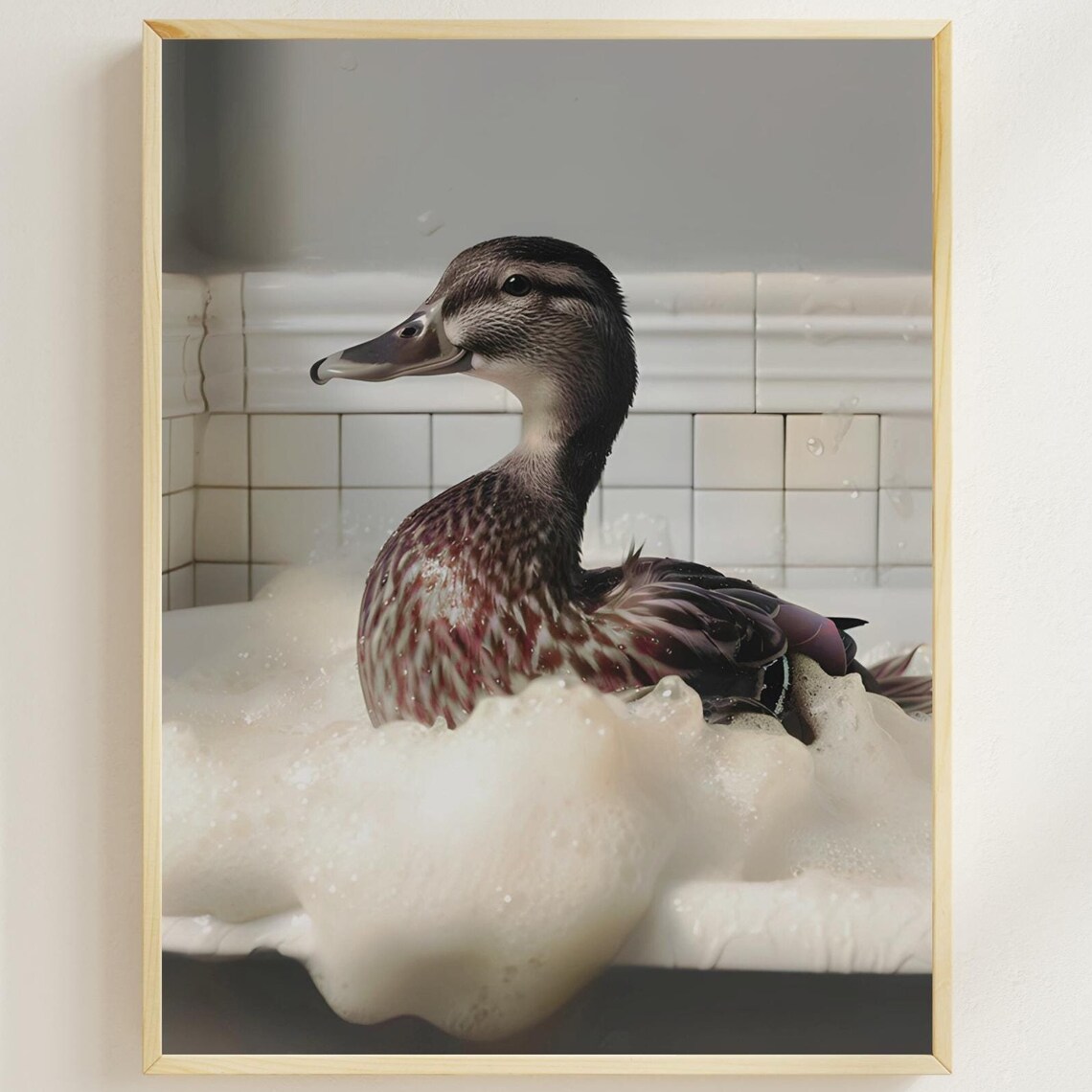 Duck Relaxing in a Bubble Bath Cute Animal Bathroom Decor Poster
