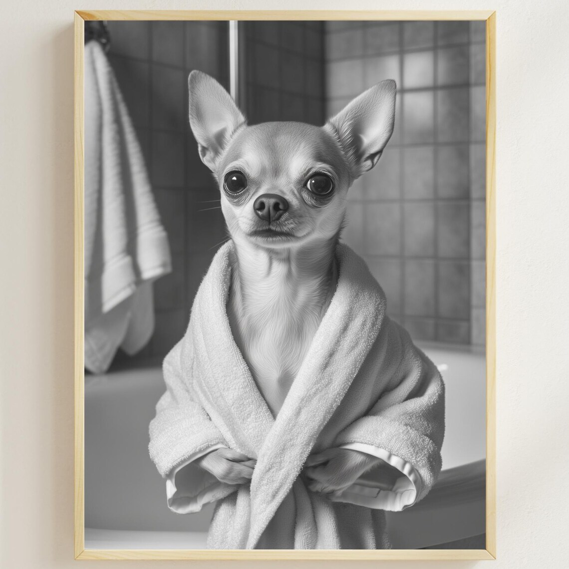 Cute Chihuahua in Bathrobe Black and White Bathroom Wall Art