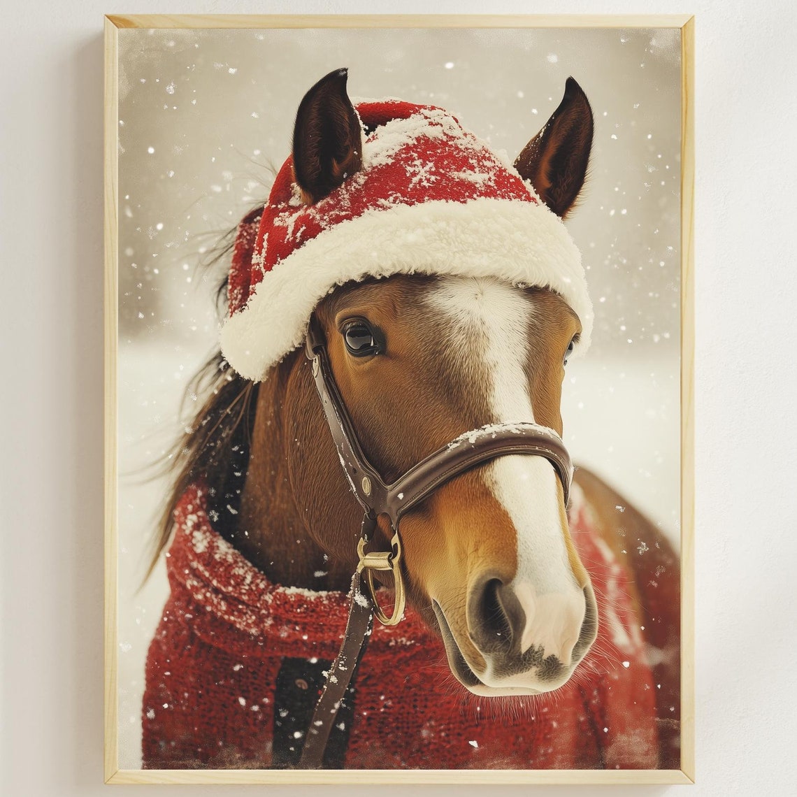 Horse In Christmas Clothes Holiday Horse Wall Art Funny Christmas Animal Print Cozy Winter Decor Horse Lover Gift Cute Holiday Ai Print