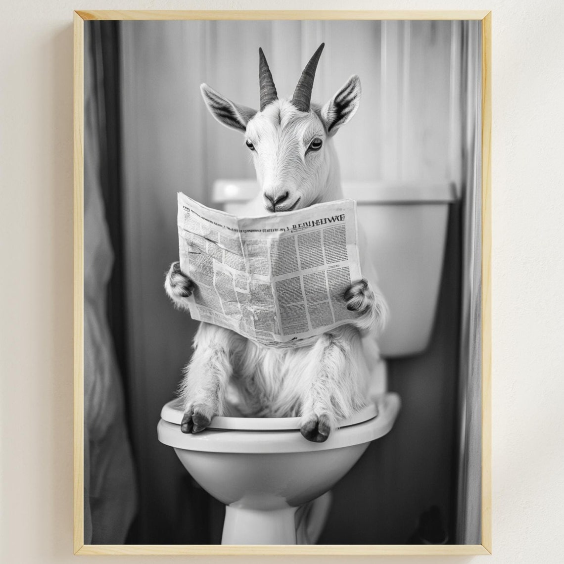 Goat Reading Newspaper On Toilet Funny Black And White Bathroom Poster