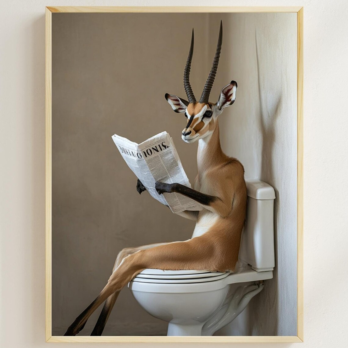 Funny Gazelle on Toilet Reading Newspaper Quirky Bathroom Poster