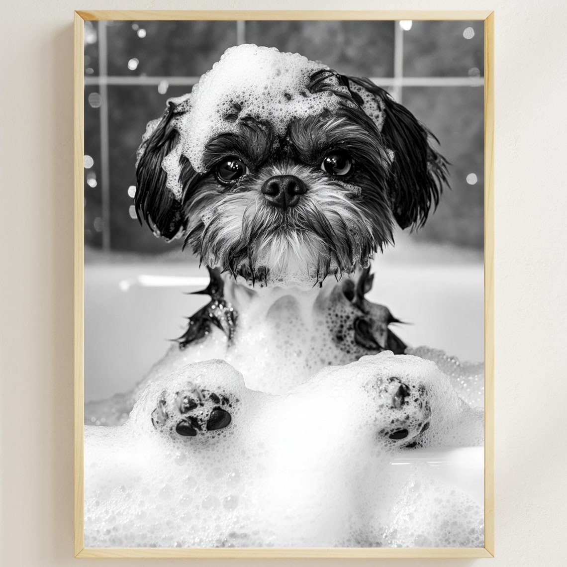 Shih Tzu in Bubble Bath Black and White Cute Dog Bathroom Poster