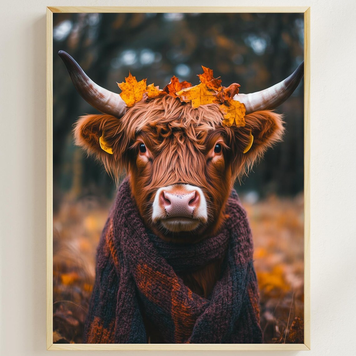 Highland Cow with Autumn Leaves and a Fall Knit Scarf Poster