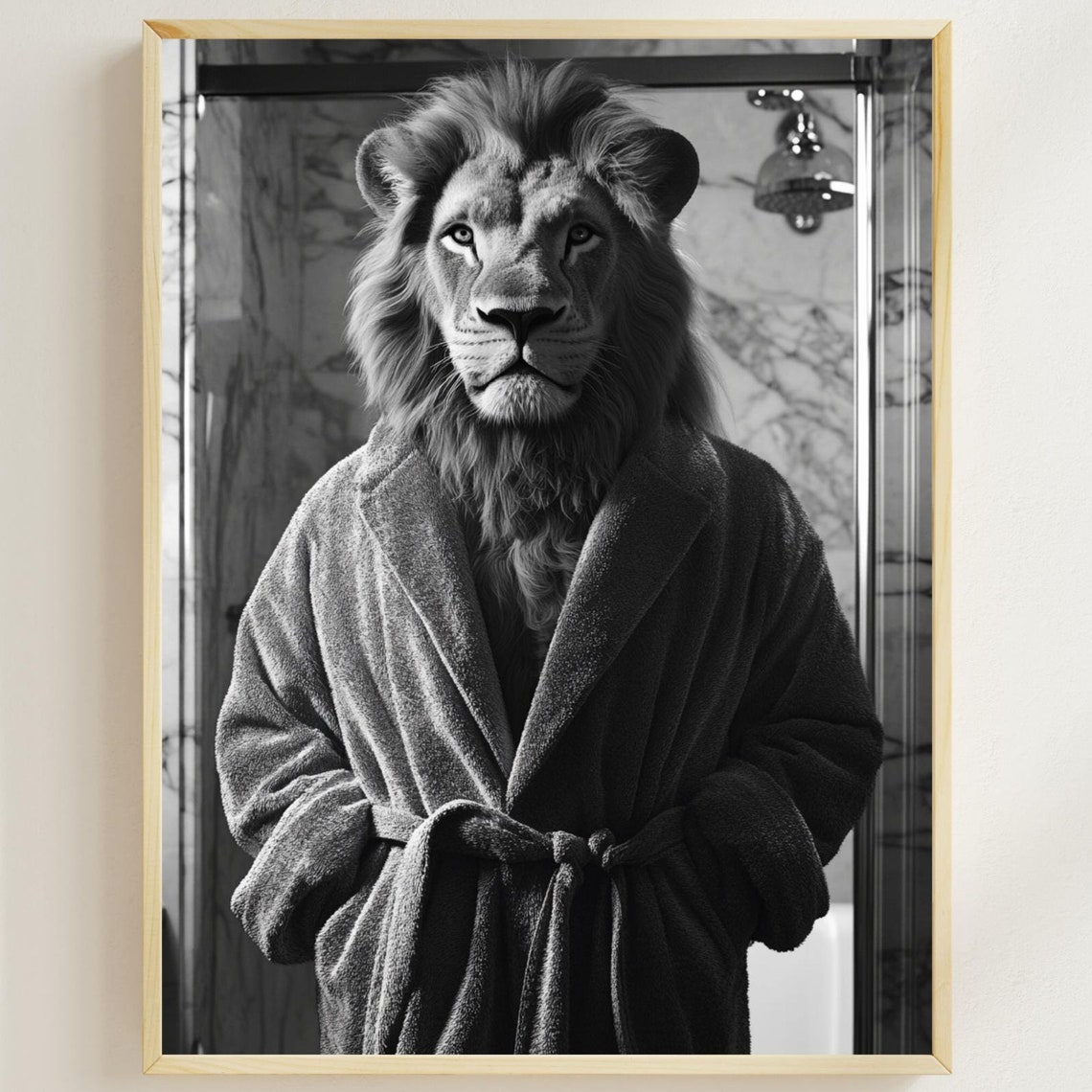 Lion in White Bathrobe Black and White Funny Bathroom Poster