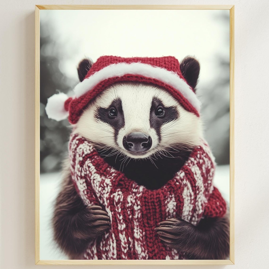 Badger in Santa Hat and Red Knit Sweater Posing in the Snow Poster