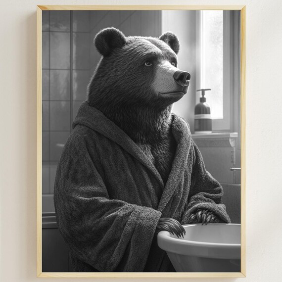 Bear in a Bathrobe at the Bathroom Sink Black and White Poster