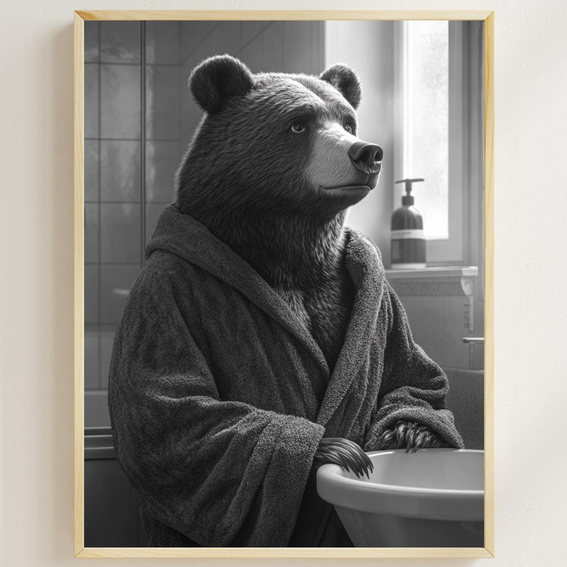Bear in a Bathrobe at the Bathroom Sink Black and White Poster