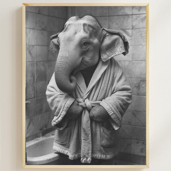 Elephant In A Bathrobe Monochrome Vintage Bathroom Humor Poster