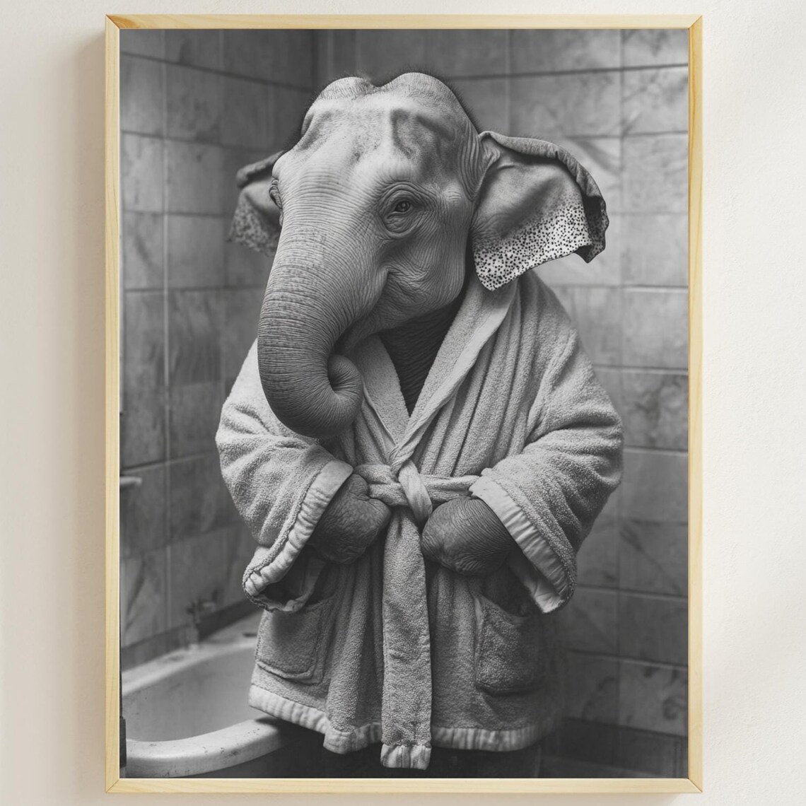Elephant In A Bathrobe Monochrome Vintage Bathroom Humor Poster