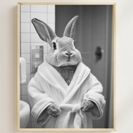 Bunny In A Bathrobe Funny Black And White Bathroom Wall Poster