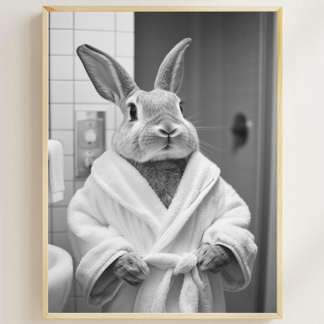 Bunny In A Bathrobe Funny Black And White Bathroom Wall Poster