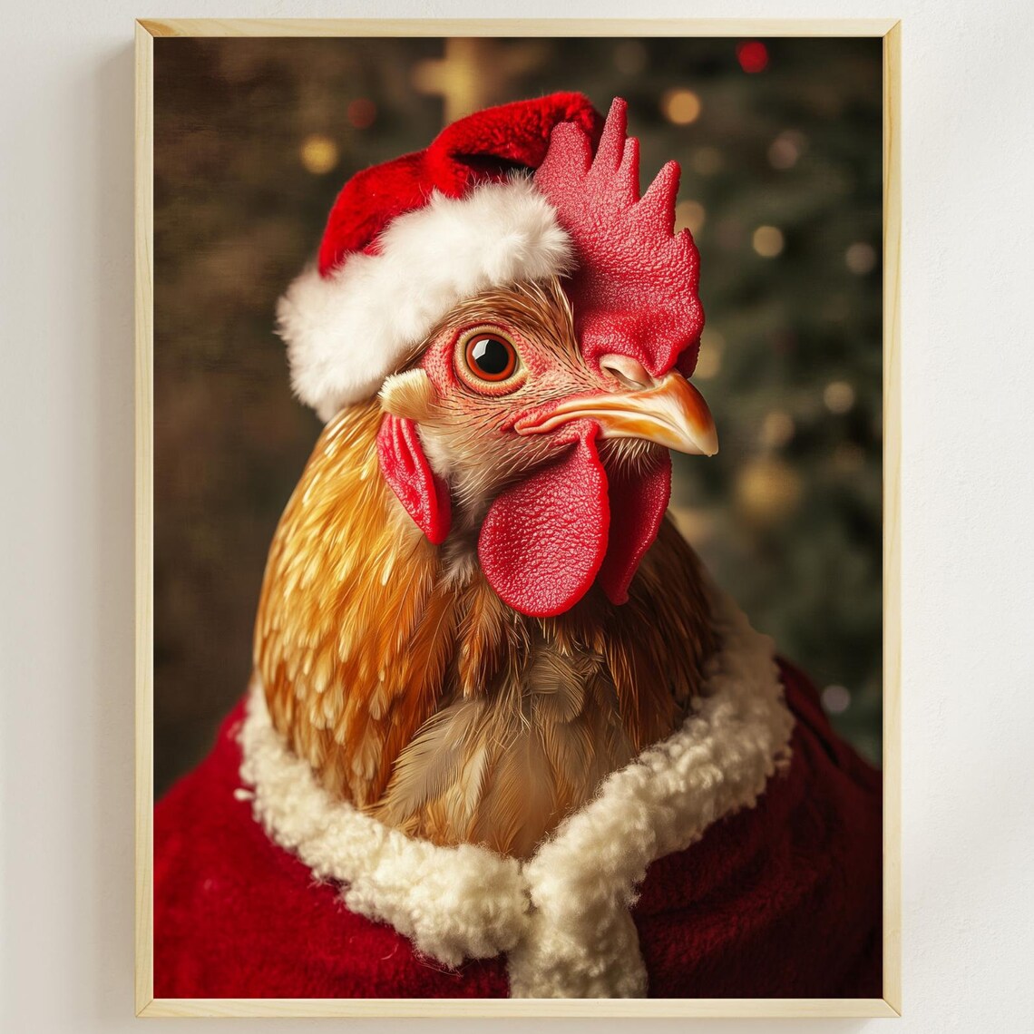 Chicken in a Santa Hat with Christmas Tree Bokeh Holiday Poster
