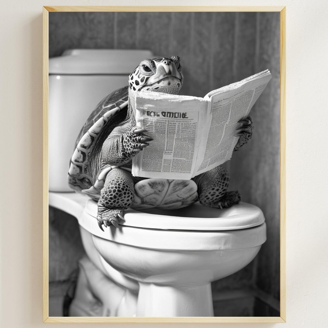 Turtle Reading Newspaper On Toilet Funny Bathroom Poster Art