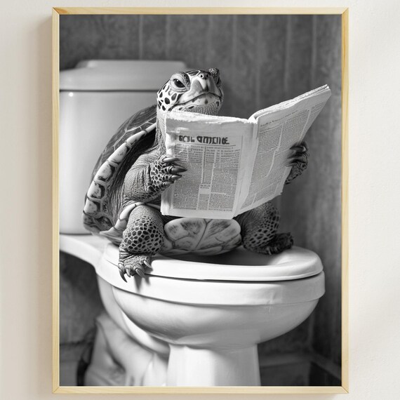 Turtle Reading Newspaper On Toilet Funny Bathroom Poster Art