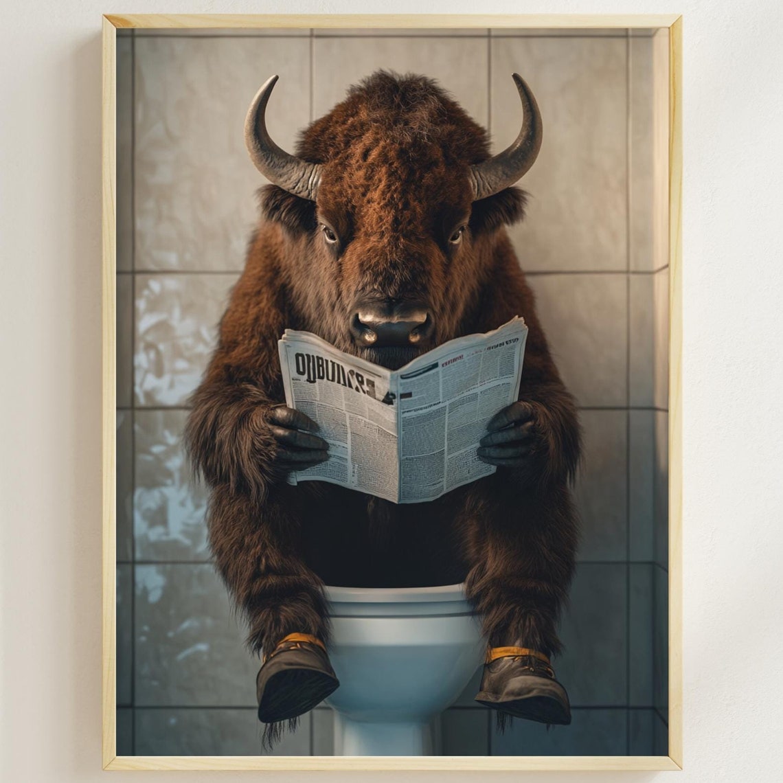 Bison Reading a Newspaper on the Toilet Wearing Boots Funny Poster