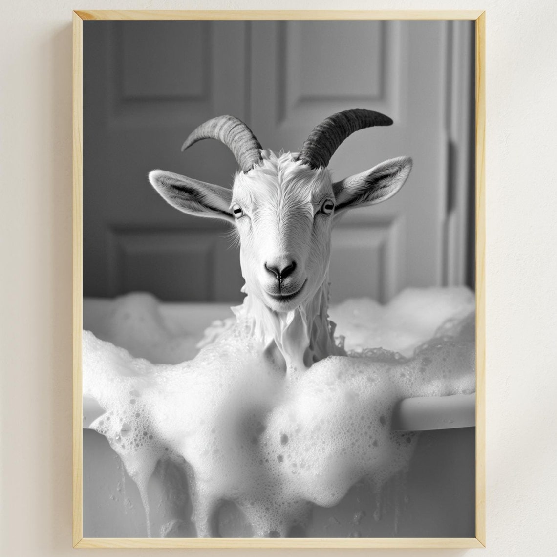 Funny Goat in a Bubble Bath Tub Black and White Bathroom Poster
