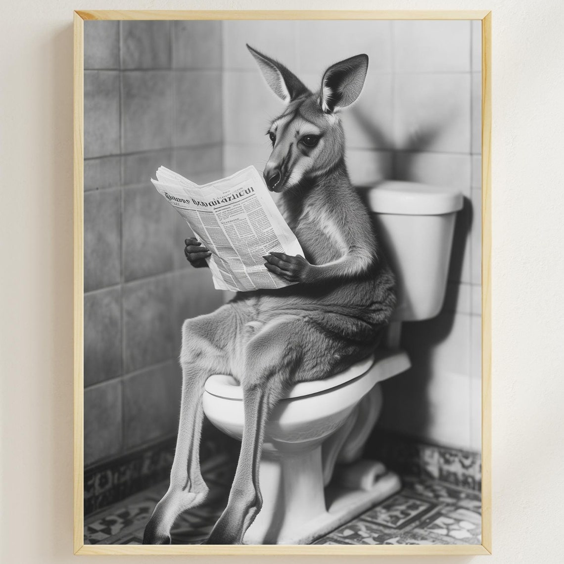 Kangaroo Reading a Newspaper on the Toilet Black and White Poster