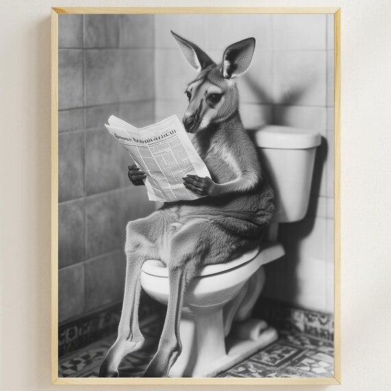Kangaroo Sitting On The Toilet Reading A Newspaper Funny Bathroom Wall Decor Funny Quirky Animal Print Home Printables Ai Art