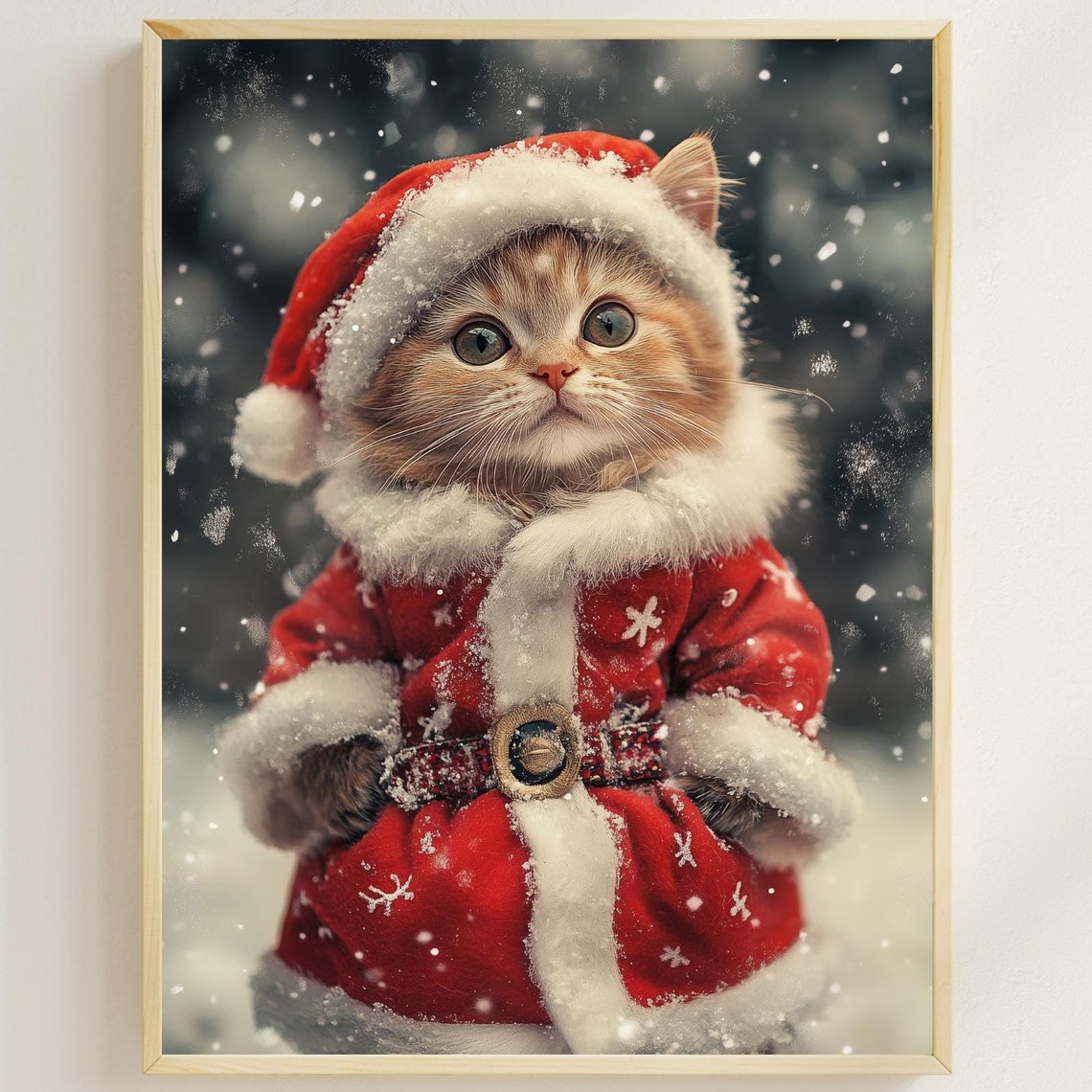 Ginger Kitten Wearing Santa Hat And Red Coat Christmas Poster