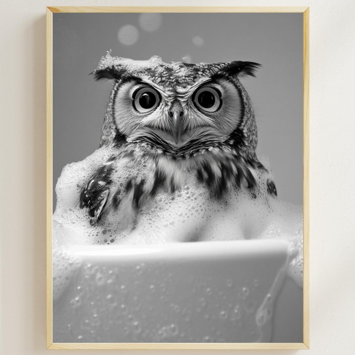 Owl Bubble Bath Funny Black And White Bathroom Animal Poster