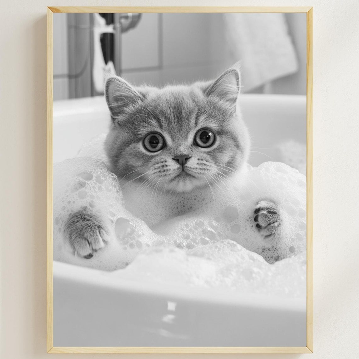 Grey Kitten Taking a Bubble Bath Black and White Cute Kitten Poster