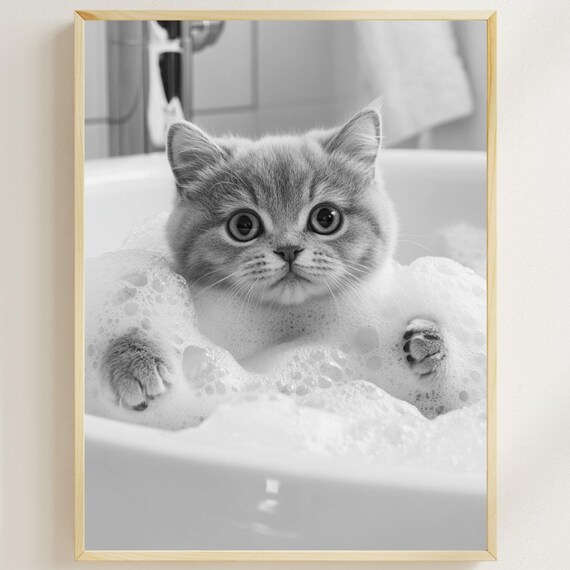Grey Kitten Taking a Bubble Bath Black and White Cute Kitten Poster