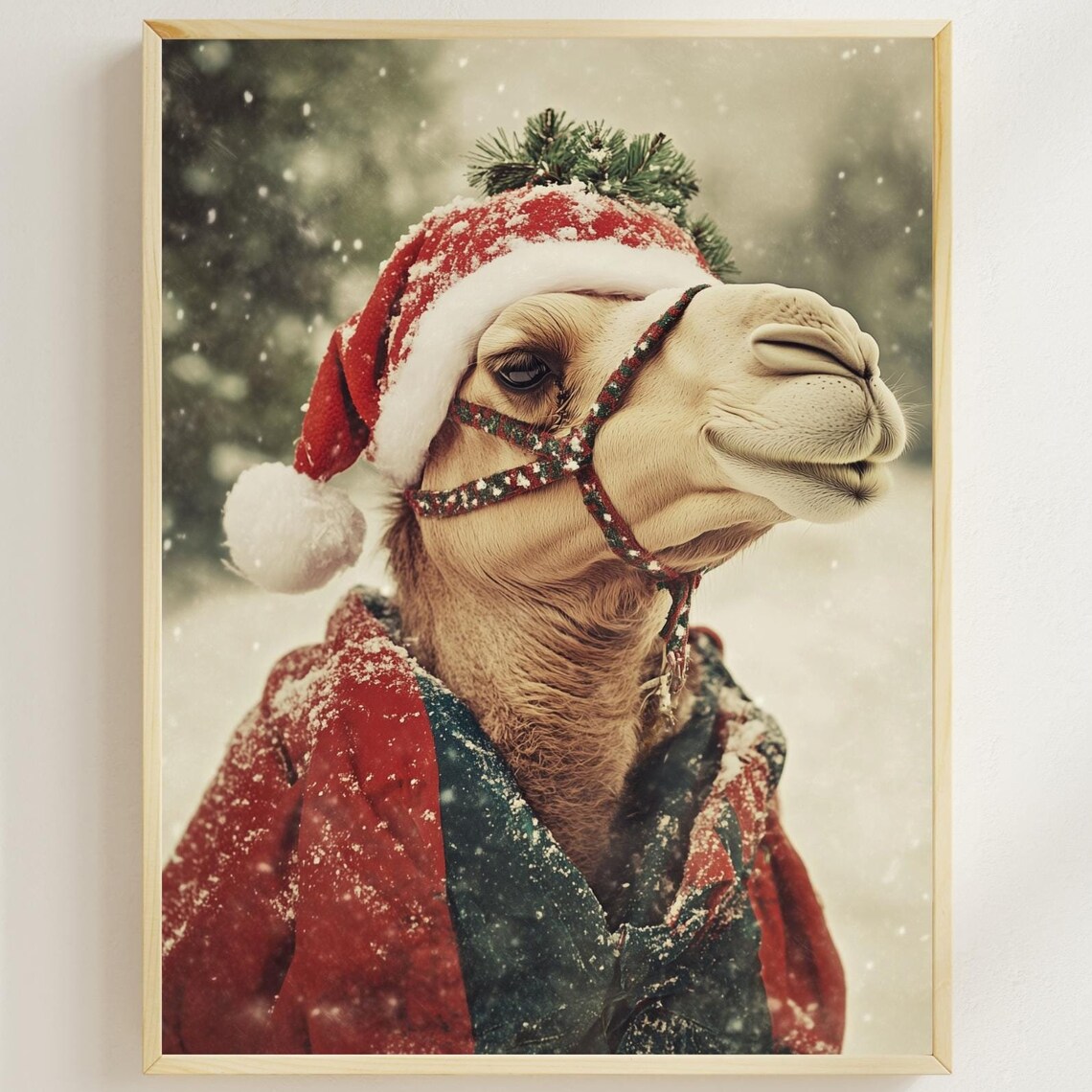 Camel Wearing Santa Hat And Winter Coat Festive Christmas Poster