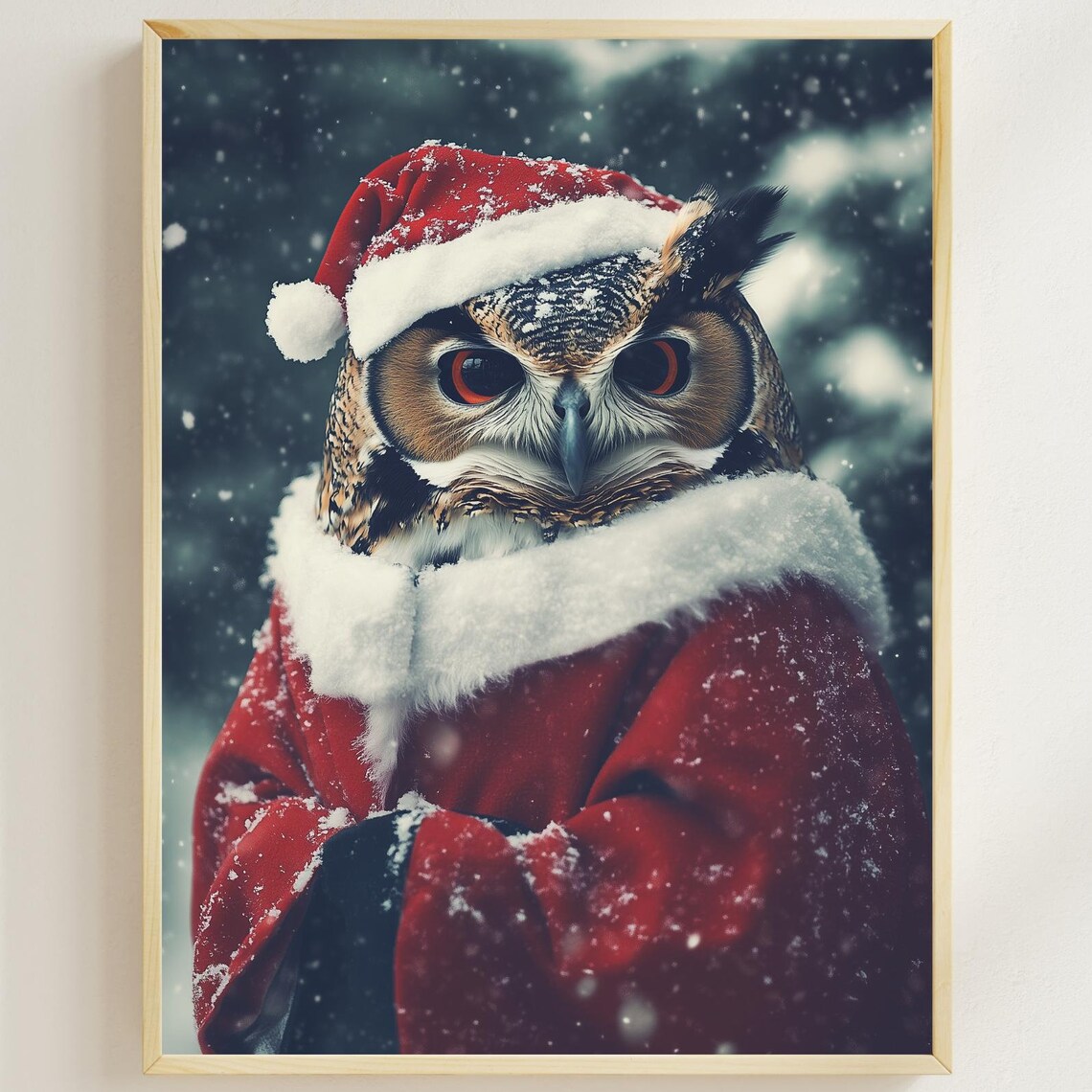Great Horned Owl in Santa Outfit Snowy Christmas Wildlife Poster