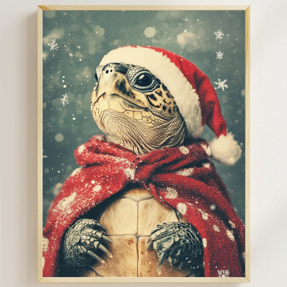 Turtle in a Santa Hat and Red Scarf Christmas Snowfall Poster