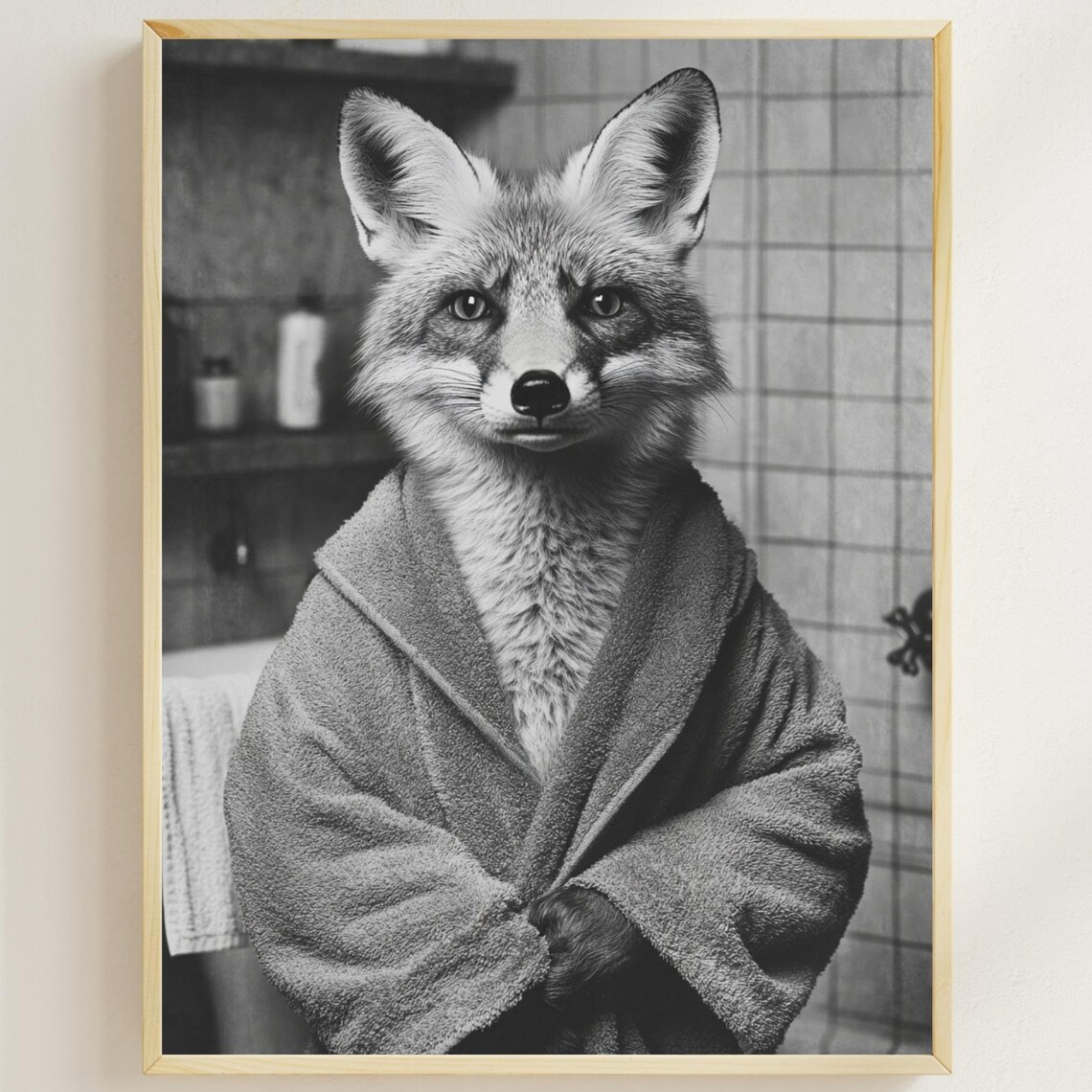 Quirky Fox In A Bathrobe Monochrome Funny Vintage Bathroom Poster
