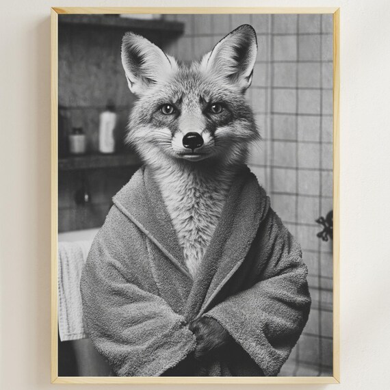 Quirky Fox In A Bathrobe Monochrome Funny Vintage Bathroom Poster