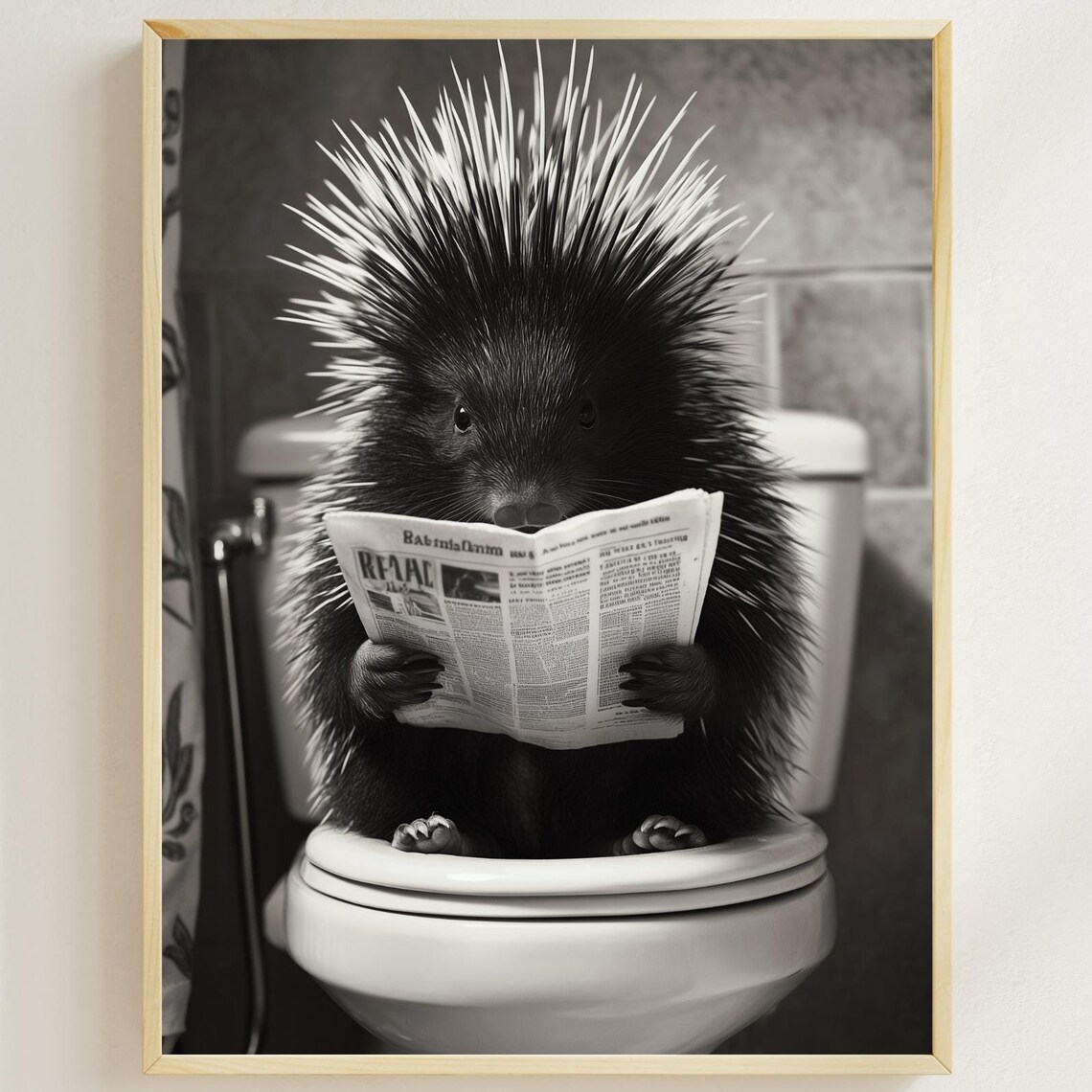 Porcupine Reading Newspaper On The Toilet Monochrome Bathroom Poster