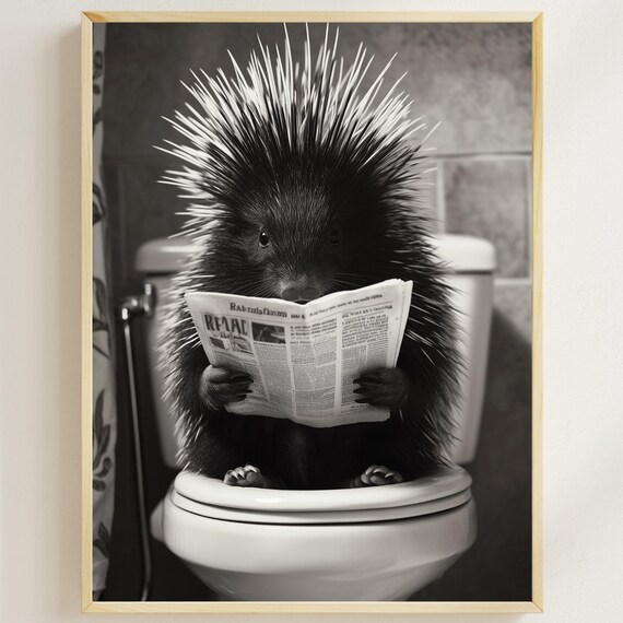 Porcupine Sitting On The Toilet Reading A Newspaper Funny Bathroom Wall Decor Funny Quirky Animal Print Home Printables Ai Art